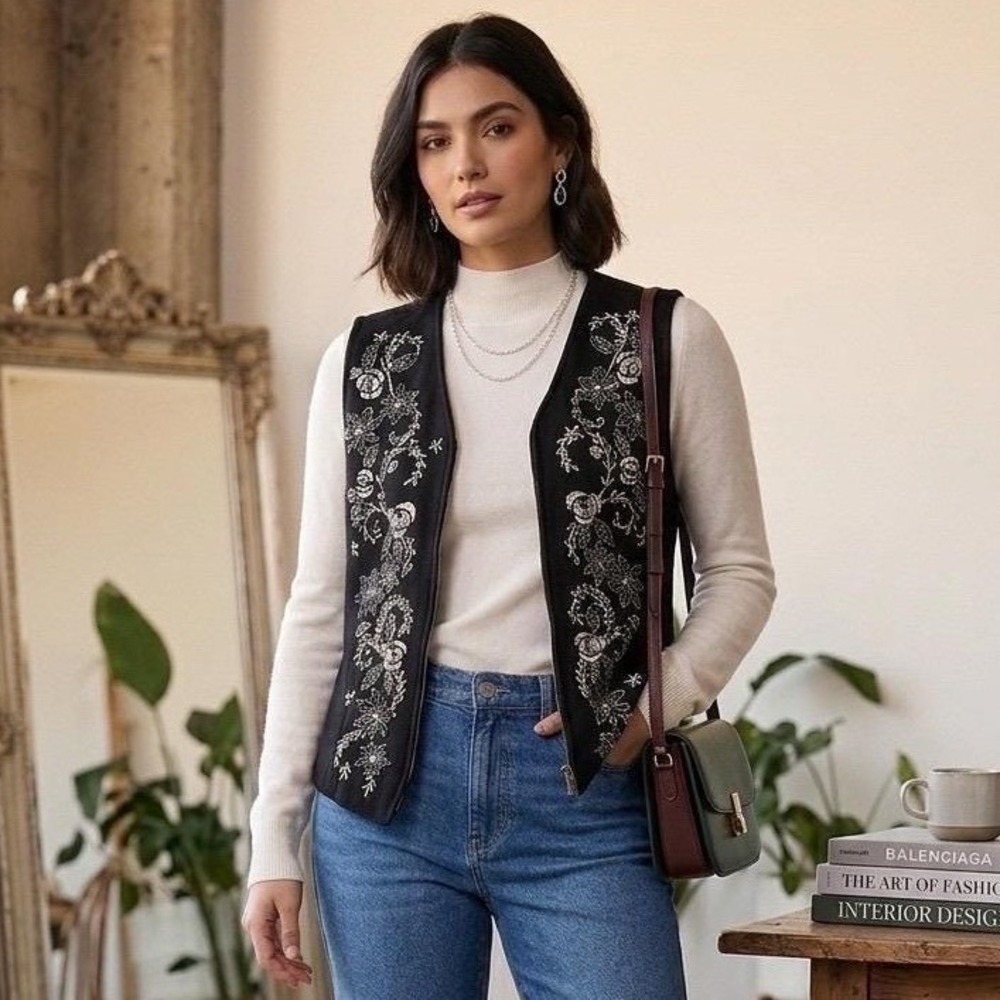 Womens Vintage Embroidered‎ Wool Vest 8 Black Floral Cottagecore Laura Ashley
